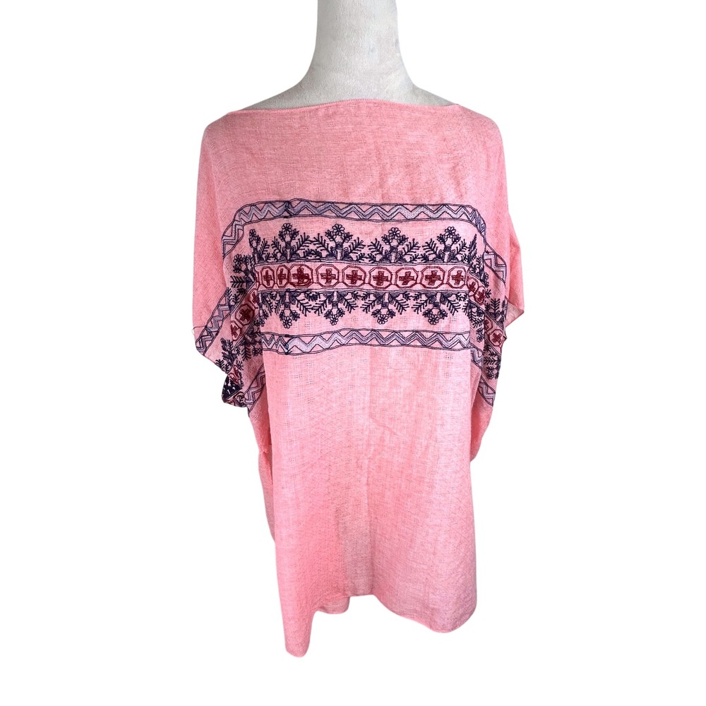 Janice Apparel Poncho Top Coral Pink Embroidered Boho Viscose Womens One Size